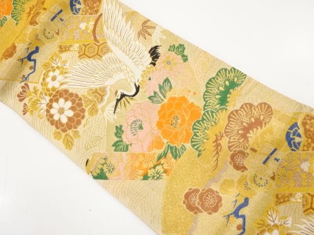JAPANESE KIMONO / ANTIQUE MARU OBI / WOVEN FLOWER & CRANE